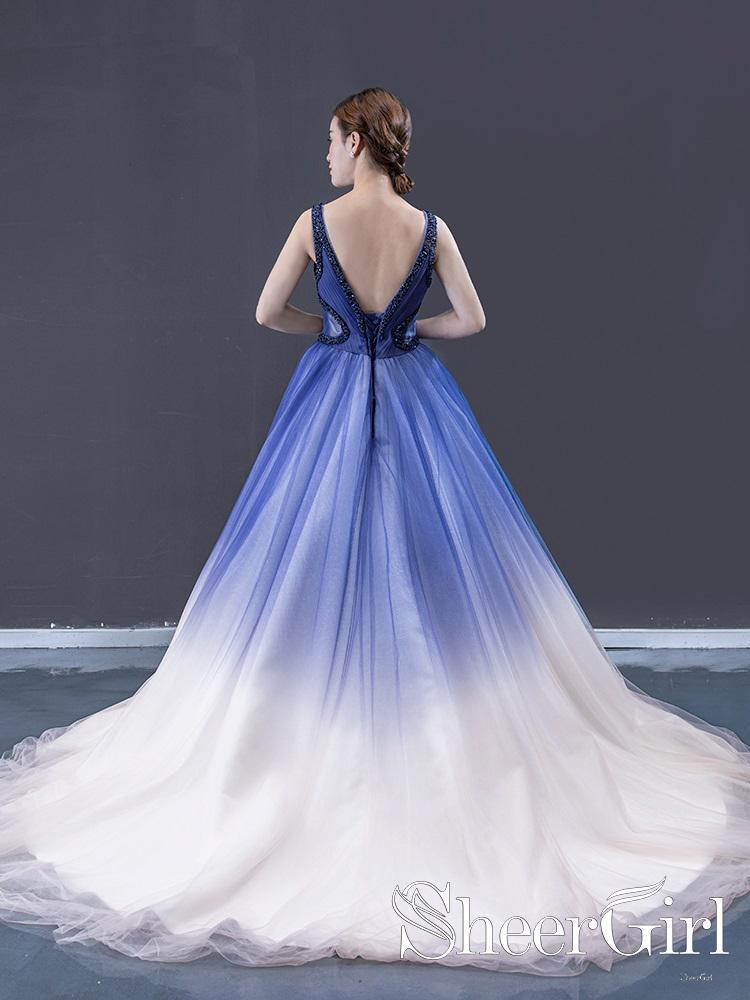 Ombre Contrast Colored A Line Prom Dress Pleated V Neck Long Formal Dress ARD2496-SheerGirl