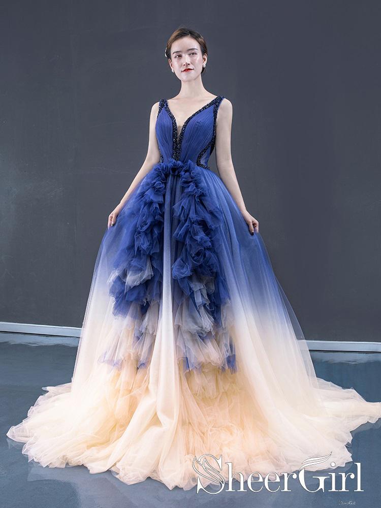 Ombre Contrast Colored A Line Prom Dress Pleated V Neck Long Formal Dress ARD2496-SheerGirl