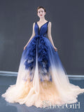 Ombre Contrast Colored A Line Prom Dress Pleated V Neck Long Formal Dress ARD2496-SheerGirl