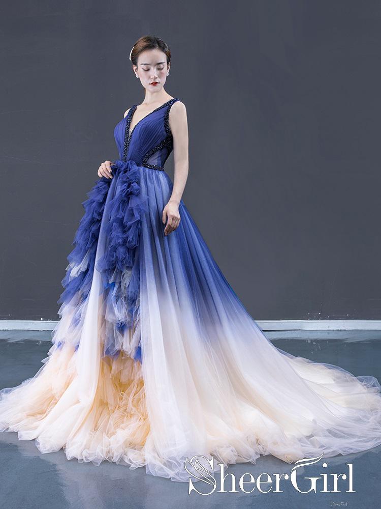 Ombre Contrast Colored A Line Prom Dress Pleated V Neck Long Formal Dress ARD2496