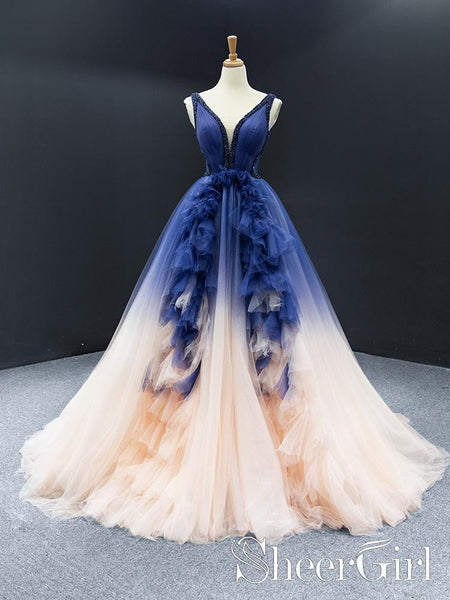 Ombre Contrast Colored A Line Prom Dress Pleated V Neck Long Formal Dress ARD2496 Ombre Contrast Colored A Line Prom Dress Pleated V Neck Long Formal Dress ARD2496