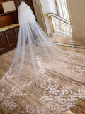 Ombre Pink Floral Lace Ivory Cathedral Veil with Blusher Bridal Veil Wedding Veil ACC1177-SheerGirl