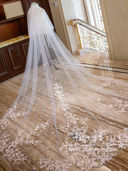 Ombre Pink Floral Lace Ivory Cathedral Veil with Blusher Bridal