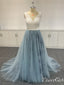 Ombre Soft Tulle Embroidered Lace Boho Wedding Dress V Neck Pearls Wedding Gown AWD1686