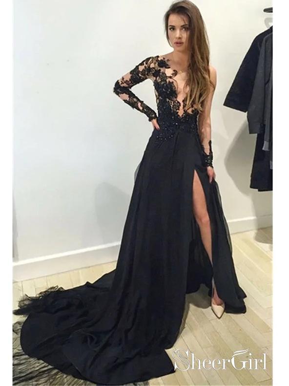 One Shoulder Black Prom Dresses Lace Applique Beaded Long Sleeve Formal Dresses ARD1201-SheerGirl