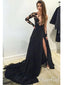 One Shoulder Black Prom Dresses Lace Applique Beaded Long Sleeve Formal Dresses ARD1201