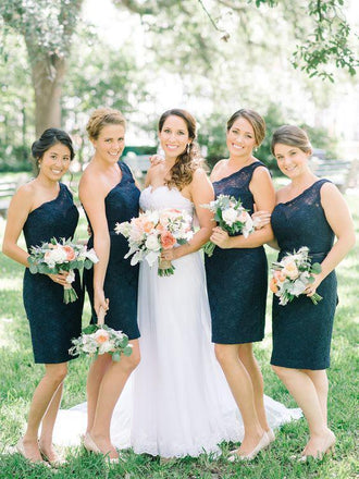 One Shoulder Lace Bridesmaid Dresses Navy Blue Bodycon Short Bridesmaid Dresses ARD1191-SheerGirl