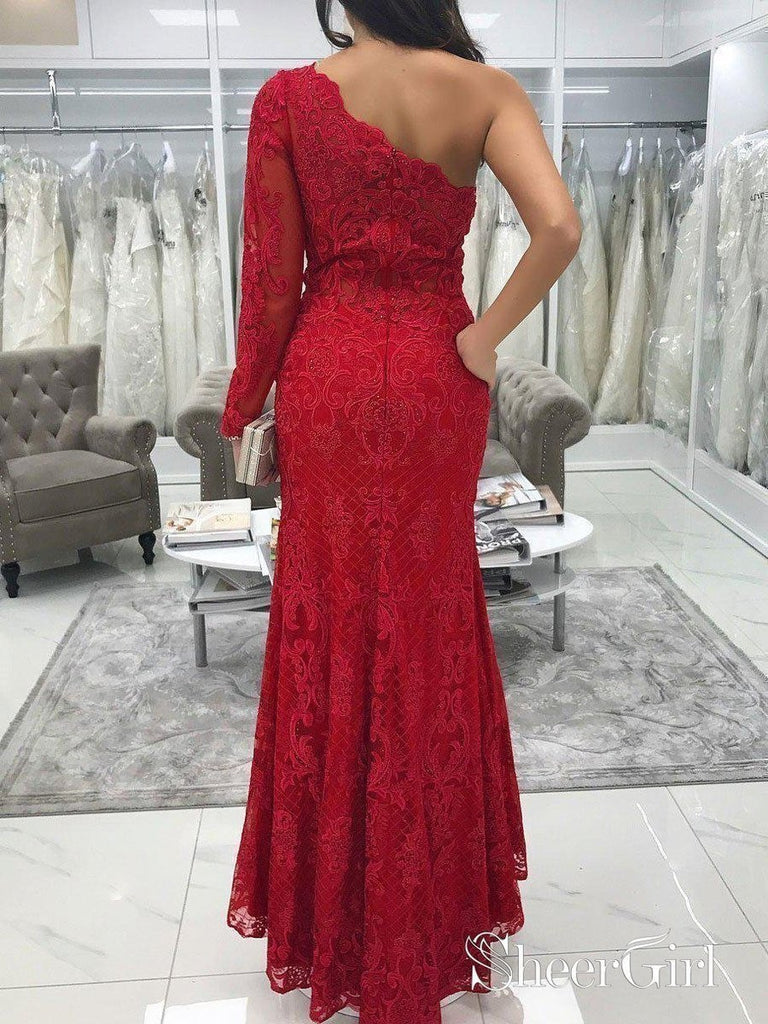 One Shoulder Long Sleeve Red Lace Mermaid Prom Dresses with Slit APD3373-SheerGirl