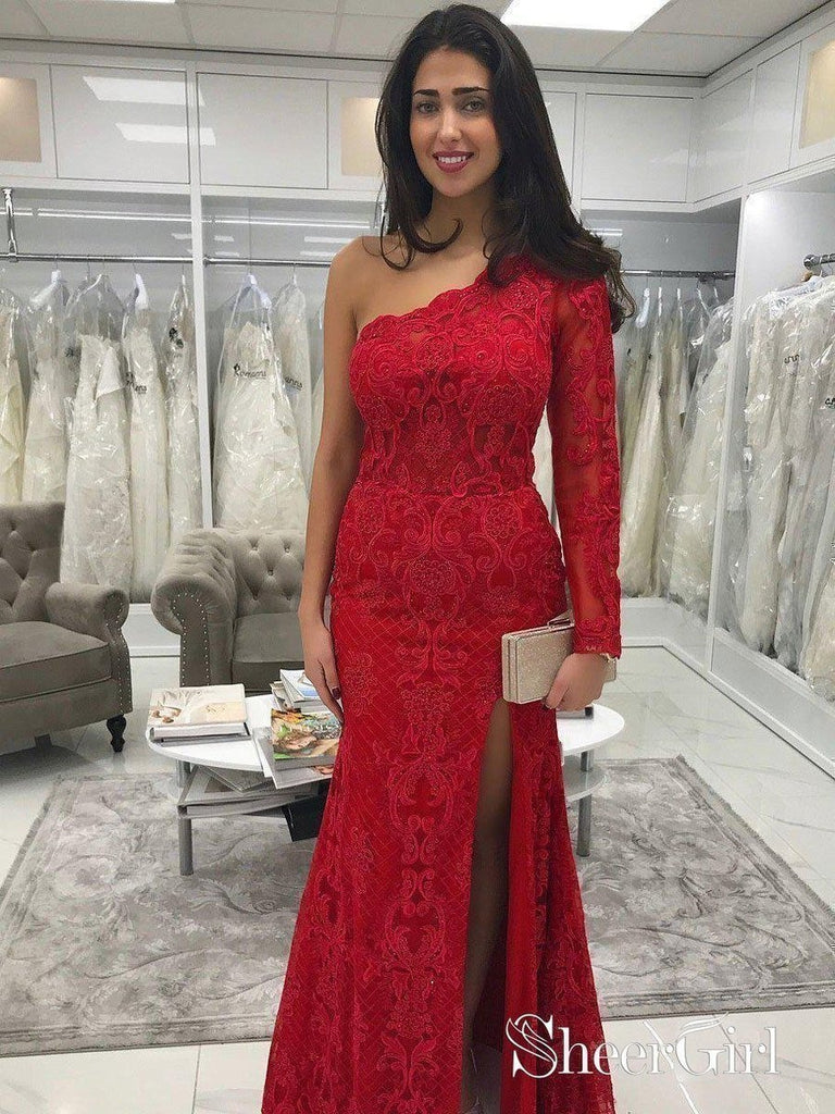One Shoulder Long Sleeve Red Lace Mermaid Prom Dresses with Slit APD3373-SheerGirl