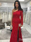 One Shoulder Long Sleeve Red Lace Mermaid Prom Dresses with Slit APD3373