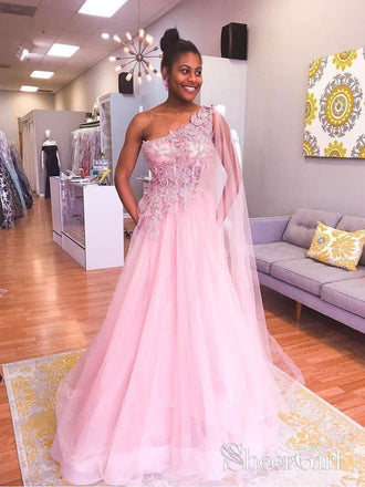 One Shoulder Pink Prom Dresses Appliqued Watteau Train Evening Gowns APD3442-SheerGirl
