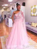 One Shoulder Pink Prom Dresses Appliqued Watteau Train Evening Gowns APD3442-SheerGirl