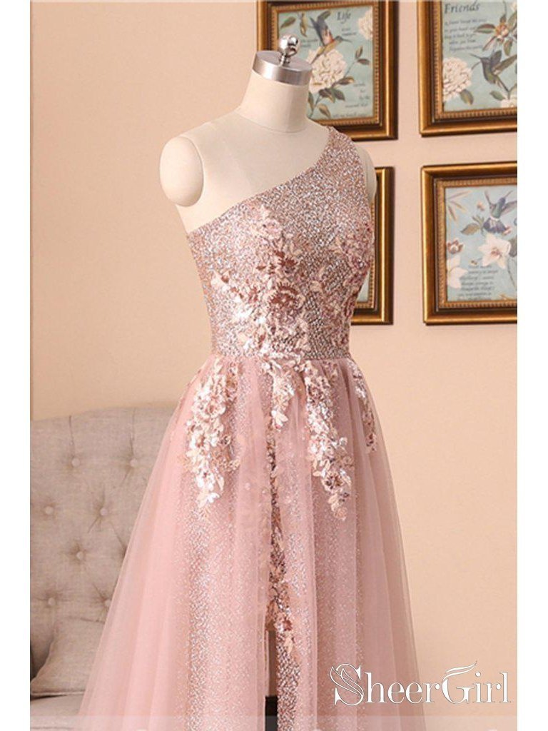 One Shoulder Rose Gold Prom Dresses Pink Tulle Maxi Formal Evening Gowns ARD1029-SheerGirl