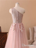 One Shoulder Rose Gold Prom Dresses Pink Tulle Maxi Formal Evening Gowns ARD1029-SheerGirl