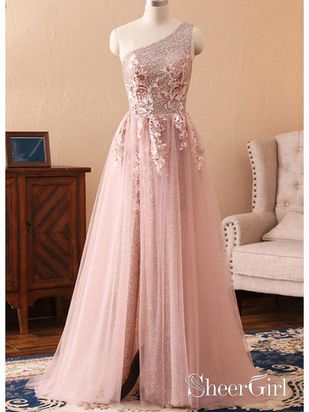 One Shoulder Rose Gold Prom Dresses Appliqued Pink Tulle Maxi Formal Evening Gowns SheerGirl One Shoulder Rose Gold Prom Dresses Appliqued Pink Tulle Maxi Formal Evening Gowns SheerGirl