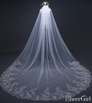 One Tier Cathedral Wedding Veils with Lace Applique ACC1073-SheerGirl