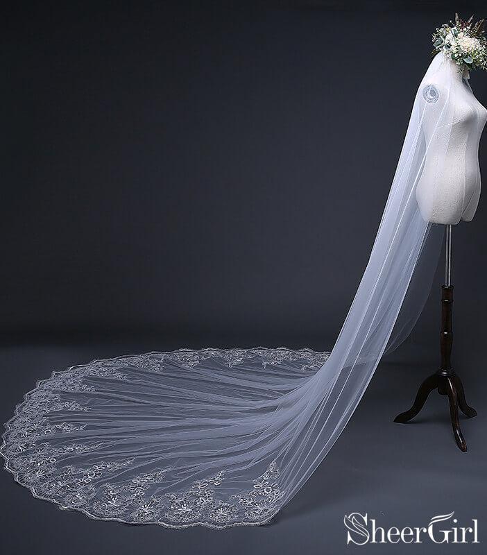 One Tier Cathedral Wedding Veils with Lace Applique ACC1073-SheerGirl