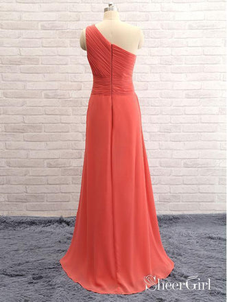 One-shoulder Coral Chiffon Long Bridesmaid Dresses,Cheap Bridesmaid Gowns,apd2518-SheerGirl