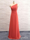 One-shoulder Coral Chiffon Long Bridesmaid Dresses,Cheap Bridesmaid Gowns,apd2518-SheerGirl