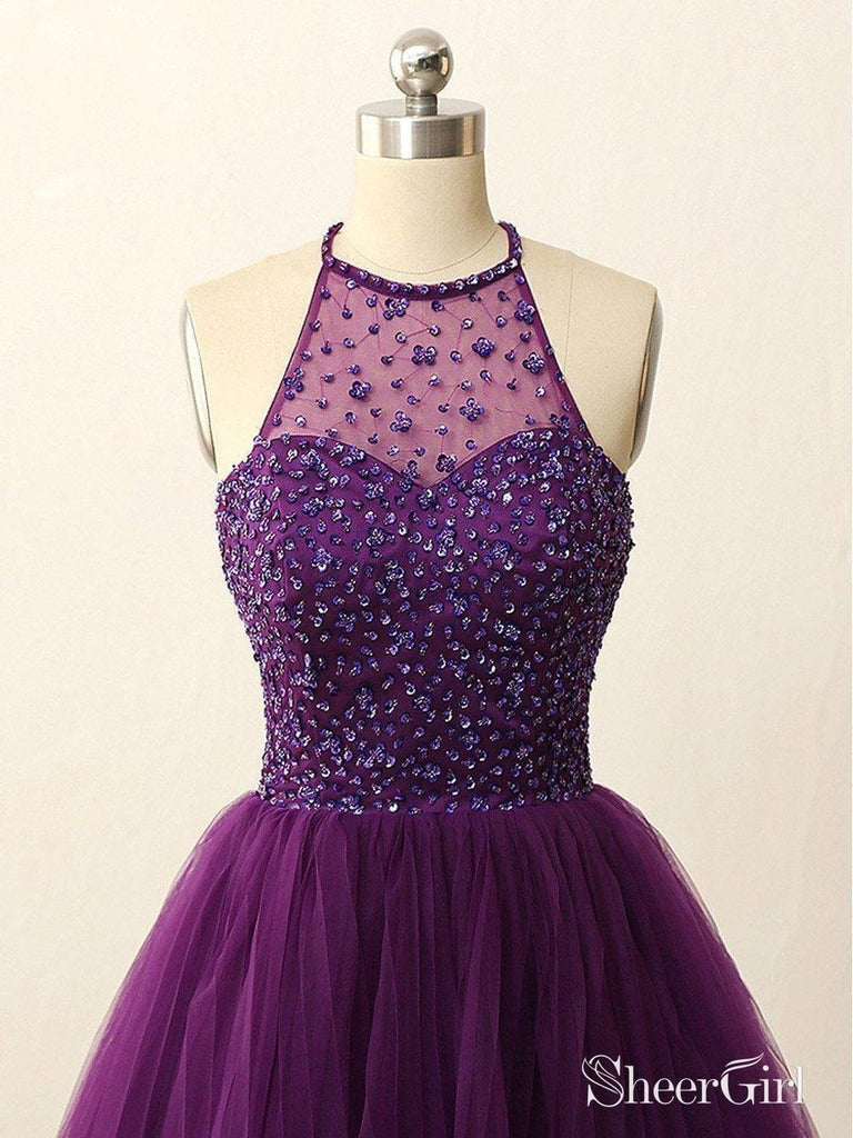 Open Back Beaded Halter Illusion Neck Purple Homecoming Dresses ARD1716 Open Back Beaded Halter Illusion Neck Purple Homecoming Dresses ARD1716