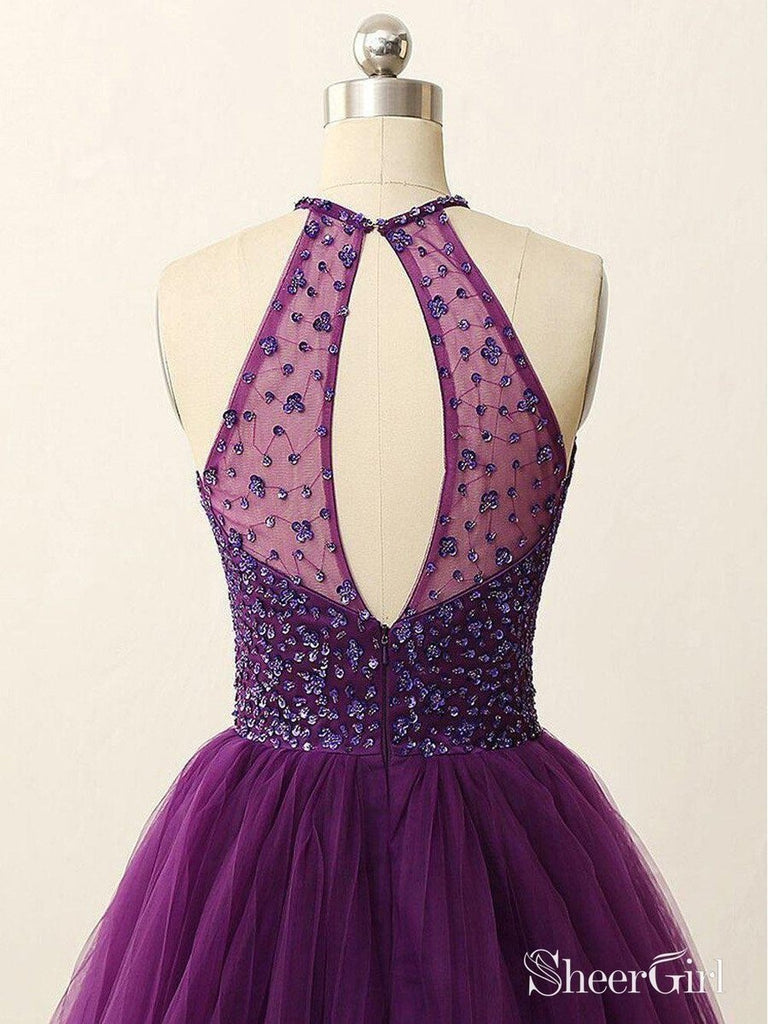 Open Back Beaded Halter Illusion Neck Purple Homecoming Dresses ARD1716-SheerGirl