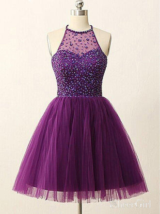 Open Back Beaded Halter Illusion Neck Purple Homecoming Dresses ARD1716-SheerGirl