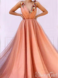 Orange 3D Flowers Long Prom Dresses V-neck Tulle Evening Dress ARD2406-SheerGirl
