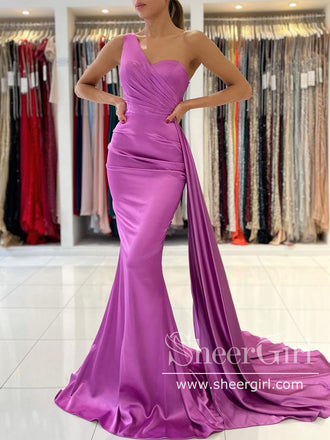 Orchid/Peach Single Shoulder Evening Dress Mermaid Satin Prom Dress with Flap ARD2862-SheerGirl