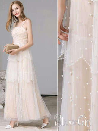 Organza Fabric Full A-Line Wedding Gown with Pearls Champagne Wedding Dress AWD1634-SheerGirl