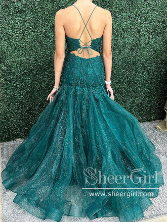 Peacock Appliqued Mermaid Prom Dress Ruffle Skirt Formal Dress Sparkly Prom Gown ARD2914-SheerGirl