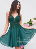 Peacock Green Lace Homecoming Dress V Neck Chiffon Short Prom Dress ARD2839-SheerGirl