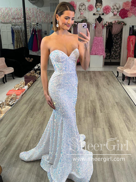 Pearl White Strapless Sparkly Prom Dresses Sheath Formal Dress Mermaid Party Dress ARD2916 Pearl White Strapless Sparkly Prom Dresses Sheath Formal Dress Mermaid Party Dress ARD2916