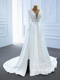 Pearls Decorated Long Sleeves Ivory Wedding Dresses Luxury V Neck Wedding Gowns AWD1790-SheerGirl