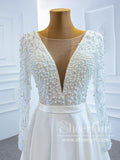 Pearls Decorated Long Sleeves Ivory Wedding Dresses Luxury V Neck Wedding Gowns AWD1790-SheerGirl