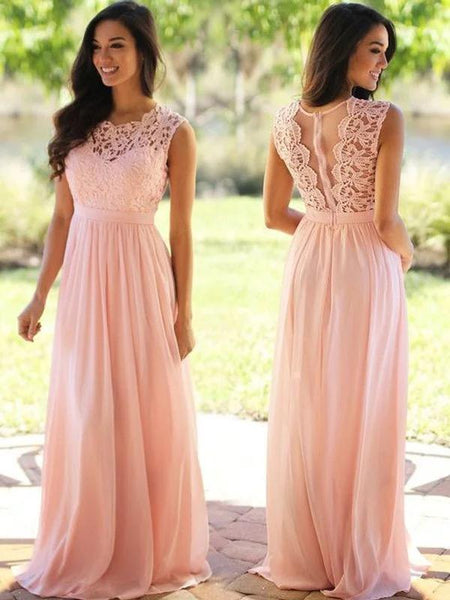 Pink Bridesmaid Dresses Lace Top Long Chiffon Wedding Guest Dresses ARD1186
