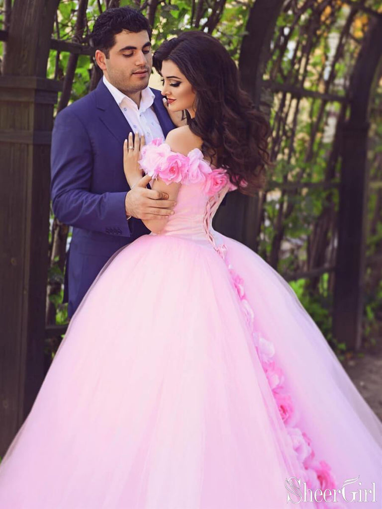 Pink Cathedral Wedding Dress Vintage 3D Flowe Applique Wedding Gown AWD1414-SheerGirl