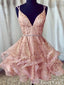 Vestido rosa de fiesta con cuello en V profundo Vestido corto de fiesta con diamantes de imitación ARD2424 