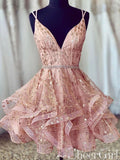 Pink Deep V-neck Homecoming Dress Rhinestone Short Prom Dress ARD2424-SheerGirl