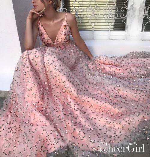 Pink Floral Lace Long Prom Dresses Spaghetti Strap V Neck Formal Dress ARD1936-SheerGirl