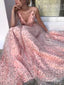 Vestidos de fiesta largos de encaje floral rosa Vestido formal con cuello en V y tirantes finos ARD1936