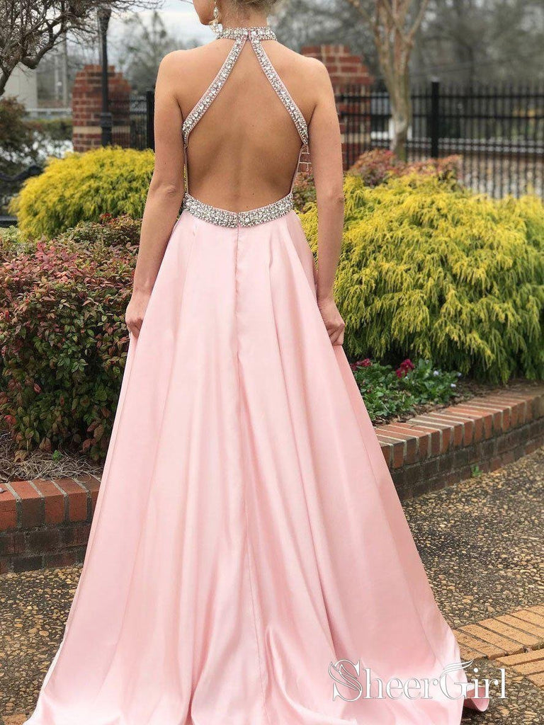 Pink Halter Prom Dresses Long Rhinestone Beaded Backless Formal Evening Ball Gowns APD3274 Pink Halter Prom Dresses Long Rhinestone Beaded Backless Formal Evening Ball Gowns APD3274