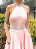 Pink Halter Prom Dresses Long Rhinestone Beaded Backless Formal Evening Ball Gowns APD3274-SheerGirl