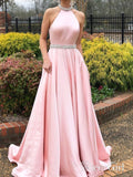 Pink Halter Prom Dresses Long Rhinestone Beaded Backless Formal Evening Ball Gowns APD3274-SheerGirl