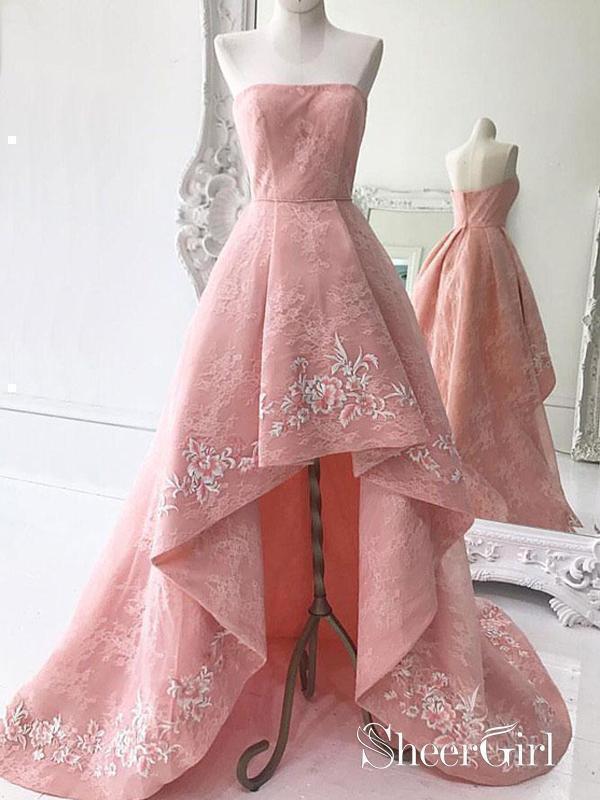 Pink High Low Prom Dresses Strapless Lace Formal Dress Evening Gowns ARD1333 Pink High Low Prom Dresses Strapless Lace Formal Dress Evening Gowns ARD1333