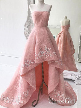Pink High Low Prom Dresses Strapless Lace Formal Dress Evening Gowns ARD1333-SheerGirl