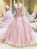 Pink Lace Applique Ball Gown Wedding Dresses Tulle Princess Quinceanera Dress ARD1689-SheerGirl