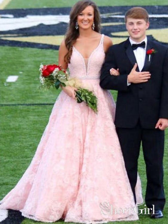 Pink Lace Beaded Quinceanera Dresses Vintage V-Neck Prom Dress Fitted APD3338-SheerGirl