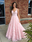 Pink Lace Beaded Quinceanera Dresses Vintage V-Neck Prom Dress Fitted APD3338