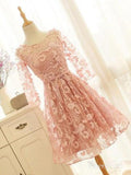 Pink Lace Homecoming Dresses Long Sleeve Knee Length Homecoming Dress ARD1312-SheerGirl