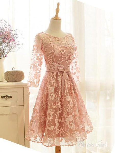 Pink Lace Homecoming Dresses Long Sleeve Knee Length Homecoming Dress –  SheerGirl